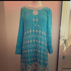 Aqua Blue Anarkali 3 pc dress Unique Pakistani